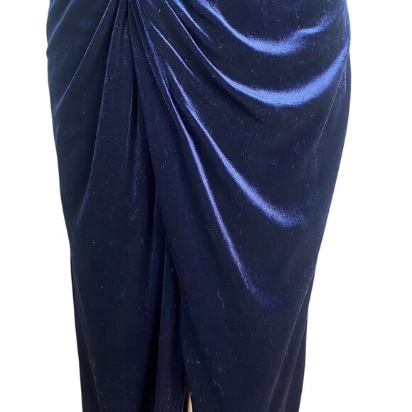 Bari Jay $288 Navy Blue Velvet Ruched Side Slit Maxi Formal Gown Dress SZ 8 - Picture 6 of 11